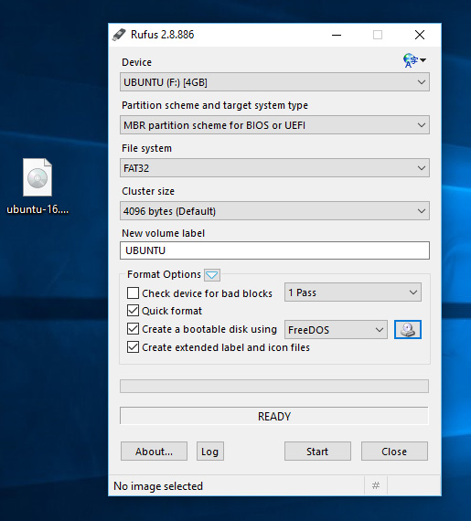 Rufus application screenshot showing settings for creating a bootable USB.